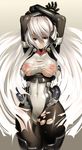  absurdres arms_up bad_id bad_tinami_id black_eyes bodysuit boots breasts bursting_breasts cleavage covered_navel highres horizon_ariadust imaoka kyoukaisenjou_no_horizon large_breasts long_hair nipples no_nose pantyhose shiny silver_hair skindentation slender_waist solo thigh_boots thigh_gap thighhighs torn_clothes 