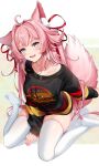  1girl ahoge animal_ears between_legs black_shirt commentary commission fang fox_ears fox_girl fox_tail hair_intakes hair_ribbon hand_between_legs highres long_sleeves looking_at_viewer multicolored_eyes open_mouth original pink_hair pink_tail print_shirt puffy_long_sleeves puffy_sleeves red_ribbon ribbon rimuu shirt skin_fang skindentation soles solo tail thick_thighs thighhighs thighs twintails white_thighhighs 