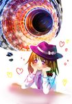  blush brown_hair hands_on_own_face hat heart large_hadron_collider purple_eyes solo touhou usami_renko yutsuka_(amyucca) 