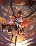  black_wings brown_hair geta hair_over_one_eye hat katana looking_at_viewer looking_down red_eyes shameimaru_aya short_hair skirt sneer solo sword tokin_hat touhou weapon wings zatsuon 