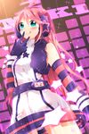  :q ahoge ao_ringo belt blue_eyes blush elbow_gloves gloves headphones long_hair pink_hair sf-a2_miki smile solo striped striped_gloves tongue tongue_out vocaloid 