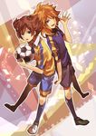  amemiya_taiyou arakumo_gakuen arakumo_gakuen_soccer_uniform bad_id bad_pixiv_id ball blue_eyes brown_hair holding inazuma_eleven_(series) inazuma_eleven_go kneehighs lightning_bolt matsukaze_tenma multiple_boys open_mouth orange_hair oyu_cocoa raimon raimon_soccer_uniform shoes short_hair sneakers soccer_ball soccer_uniform sportswear telstar waving 