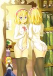  alice_margatroid ass black_legwear blonde_hair blue_eyes blush book bookshelf doll dress_shirt dressing hairband kirisame_marisa kutata mirror no_pants panties poster_(object) reflection shanghai_doll shirt short_hair solo table thigh_gap thighhighs touhou underwear white_panties white_shirt 