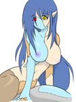  blue_hair breasts female hair heterochromia long_hair monster navel nipples nude patchwork plain_background pointy_ears solo stitches 