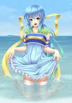  bad_id bad_pixiv_id barefoot blue_dress blue_hair dress gradient_hair green_eyes hair_ribbon kneeling long_hair mochi.f multicolored multicolored_clothes multicolored_dress multicolored_hair ocean open_mouth original ribbon skirt_hold smile solo submerged water 