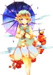  bad_id bad_pixiv_id blue_eyes blue_hair cha_goma flower hair_flower hair_ornament heterochromia highres lantern open_mouth paper_lantern red_eyes short_hair skirt solo tatara_kogasa touhou umbrella 