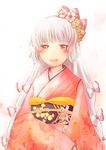  alternate_costume blush bow dress floral_print flower fujiwara_no_mokou hair_bow hair_flower hair_ornament hair_ribbon japanese_clothes kimono kokotetsu long_hair obi open_mouth red_dress red_eyes ribbon sash silver_hair smile solo touhou 