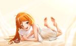  1girl absurdres ahoge ass bare_arms bare_legs barefoot blush cabbage_(chlehd2239) chemise feet_up highres hugging_object idolmaster idolmaster_million_live! long_hair looking_at_viewer lying ogami_tamaki on_stomach orange_eyes orange_hair pillow pillow_hug see-through_chemise see-through_clothes smile soles solo toes 
