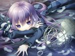  cage feathers long_hair original purple_eyes purple_hair ribbon solo yamiko 