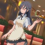  apron black_hair brown_eyes glasses ki_(adotadot) long_hair matsumoto_maya red-framed_eyewear semi-rimless_eyewear solo tray under-rim_eyewear waitress working!! 