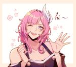  1girl absurdres ankie_(ankys_) bare_shoulders blue_eyes border cosplay cyrene_(honkai:_star_rail) cyrene_(honkai:_star_rail)_(cosplay) elysia_(honkai_impact) english_commentary floral_background hair_ornament highres honkai:_star_rail honkai_(series) honkai_impact_3rd inoue_marina looking_at_viewer medium_hair one_eye_closed open_mouth pink_border pink_hair solo teeth upper_teeth_only waving_hands white_background yanning 
