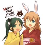  2011 2girls akeome animal_ears blue_eyes bunny_ears cat_ears charlotte_e_yeager fang francesca_lucchini green_eyes green_hair hair_ornament hard_translated japanese_clothes kimono kinosaki_(green_patio) miyafuji_yoshika multiple_girls new_year open_mouth orange_hair silhouette_demon simple_background strike_witches translated wink yukata 