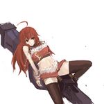  ahoge bare_shoulders black_legwear crop_top fur_trim gunner's_broom himuro_akari huge_weapon long_hair lying midriff miniskirt night_wizard on_back panties_(pantsu-pirate) red_hair santa_costume skirt solo thighhighs weapon zettai_ryouiki 