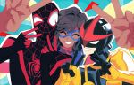  1girl 2boys al_(ahr) animal_print black_hair closed_eyes dark-skinned_female dark_skin domino_mask double_v gloves helmet highres marvel mask ms._marvel multiple_boys nova_(marvel) smile spider-man_(miles_morales) spider_print superhero_costume uneven_eyes v 