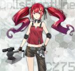  1girl asymmetrical_clothes axe bare_shoulders black_gloves breasts collarbone copyright_name cz-75_(girls_frontline) fingerless_gloves girls_frontline gloves hair_ornament hairclip hand_on_hip hiroichi holding holding_axe holding_weapon long_hair red_eyes red_hair sleeveless small_breasts solo twintails very_long_hair weapon 