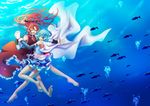  bare_legs barefoot blue_eyes blue_hair bubble cloak dancing dress feet freediving gloves happy highres holding_hands long_hair mahou_shoujo_madoka_magica miki_sayaka multiple_girls open_mouth ponytail red_hair ribbon sakura_kyouko sha short_hair skirt underwater water 