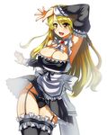  :o alternate_costume apron arm_up armpits black_legwear black_panties blonde_hair breasts detached_collar detached_sleeves elsword enmaided frills garter_straps large_breasts long_hair maid open_mouth panties pinyshi rena_(elsword) skindentation solo thigh_strap thighhighs underwear white_background yellow_eyes 