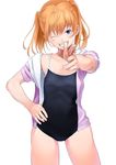  copyright_request face flat_chest foreshortening grin hand_on_hip hands head_tilt highres imaoka one-piece_swimsuit one_eye_closed orange_hair pointing pointing_at_viewer purple_eyes school_swimsuit smile solo swimsuit twintails 