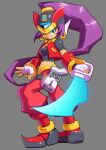  1girl absurdres adapted_costume beam_saber blue_eyes cosplay dark-skinned_female dark_skin earrings fingerless_gloves full_body gloves gun helmet high_ponytail highres holding holding_sword holding_weapon hoop_earrings jewelry long_hair mega_man_(series) mega_man_zero_(series) midriff one_eye_closed pants ponytail purple_hair red_pants red_vest shantae shantae_(series) simple_background smile solo standing sword ultimatemaverickx very_long_hair vest weapon zero_(mega_man) zero_(mega_man)_(cosplay) 