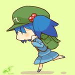  arms_up backpack bad_id bad_pixiv_id bag blue_hair blush chibi dress eyes_visible_through_hair from_side hat holding katsudansou kawashiro_nitori open_mouth running shoes short_twintails sideways_mouth socks solo touhou twintails two_side_up |_| 