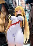  1girl absurdres alternate_hairstyle arm_behind_back arm_up ass_visible_through_thighs blonde_hair blush bodypaint breasts brick_wall censored closed_mouth female_pubic_hair highres hololive hololive_indonesia kaela_kovalskia kaela_kovalskia_(1st_costume) long_hair looking_at_viewer medium_breasts mosaic_censoring naked_paint navel nipples nude outdoors painted_clothes pubic_hair public_indecency pussy raikkonen red_eyes solo standing thigh_gap very_long_hair virtual_youtuber window 