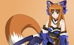  animal_ears bare_shoulders blue_legwear bow brown_hair cosplay detached_collar detached_sleeves drawfag fate/extra fate_(series) hair_bow holo red_eyes simple_background solo spice_and_wolf strapless tail tamamo_(fate)_(all) tamamo_no_mae_(fate) tamamo_no_mae_(fate)_(cosplay) thighhighs wolf_ears wolf_tail 