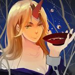  alcohol alternate_eye_color bare_shoulders bare_tree blonde_hair breasts cleavage cuffs cup horn hoshiguma_yuugi looking_at_viewer medium_breasts moedai nail_polish red_eyes sakazuki sake shackles smile solo touhou tree yellow_eyes 