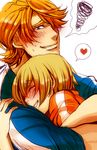  1girl ^_^ blonde_hair blue_eyes blush closed_eyes heart huang_baoling hug keith_goodman mozuwaka shirt spoken_heart spoken_squiggle squiggle t-shirt tiger_&amp;_bunny 