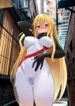  1girl absurdres alternate_hairstyle arm_up ass_visible_through_thighs blonde_hair blush bodypaint breasts brick_wall censored closed_mouth female_pubic_hair hand_on_own_stomach highres hololive hololive_indonesia kaela_kovalskia kaela_kovalskia_(1st_costume) long_hair looking_at_viewer medium_breasts mosaic_censoring naked_paint navel nipples nude outdoors painted_clothes pubic_hair public_indecency pussy raikkonen red_eyes solo standing thigh_gap very_long_hair virtual_youtuber window 