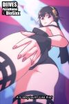  1girl animated animated_gif artist_name ass ass_focus black_gloves black_hair black_leotard blurry blurry_background blush breasts commentary covered_nipples diives dress embarrassed english_commentary english_text from_below gloves hairband headband highres leotard long_hair looping_animation medium_breasts photo-referenced presenting presenting_ass red_eyes spread_ass spreading spy spy_x_family strap_slip street_fighter street_fighter_6 subtitled uncensored yor_briar 