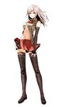  1girl alisa_ilinichina_amiella alternate_legwear arisa_iriinchina_amieera bare_shoulders blue_eyes boots breasts elbow_gloves female fingerless_gloves fingernails full_body gloves god_eater god_eater_2 god_eater_2:_rage_burst long_hair looking_at_viewer navel no_hat official_art open_clothes open_shirt plaid plaid_skirt shirt silver_hair simple_background skirt smile sogabe_shuuji solo standing thigh_boots thighhighs white_background zettai_ryouiki 