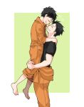  2boys age_difference akitaru_oubi barefoot black_hair black_shirt border carrying carrying_person closed_eyes clothes_around_waist commentary_request en'en_no_shouboutai feet from_side green_background grin heart jacket jacket_around_waist jumpsuit male_focus multiple_boys onii-shota orange_jumpsuit orange_pants outside_border pants shinra_kusakabe shirt short_hair smile teeth undercut white_border x55555x yaoi 