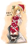  blonde_hair christmas copyright_request green_eyes hair_ornament hat holly holly_hair_ornament kneeling long_hair santa_costume santa_hat solo thighhighs translated yamo_(rephact) 