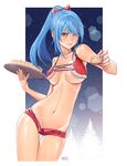  bare_shoulders bikini_top blue_hair blurry blush bow breasts cake cleavage contrapposto depth_of_field feeding food fur_trim hair_bow hair_over_one_eye karanak long_hair medium_breasts navel original parted_lips pine_tree ponytail pov_feeding red_eyes shiny shiny_skin short_shorts shorts slender smile snow solo standing thigh_gap tray tree underboob 