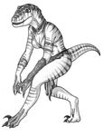 black_and_white bracer breasts claws cleavage dinosaur female greyscale loincloth monochrome plain_background predaguy scalie solo stripes tail white_background 