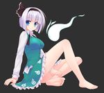  arm_support bare_legs barefoot black_hairband blue_eyes blush bob_cut breasts dress_shirt feet full_body hairband highres konpaku_youmu konpaku_youmu_(ghost) legs medium_breasts naturalton shirt short_hair silver_eyes silver_hair simple_background sitting skirt smile soles solo toes touhou untied vest white_hair 