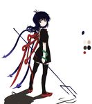  ahoge asymmetrical_wings bad_id bad_pixiv_id black_hair black_legwear blue_hair blue_wings digital_(digital001) dress from_behind houjuu_nue jpeg_artifacts long_hair looking_back polearm red_eyes red_wings simple_background snake solo standing thighhighs touhou trident weapon wings zettai_ryouiki 