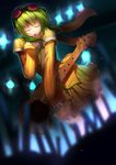  bad_id bad_pixiv_id closed_eyes dutch_angle fs-project goggles goggles_on_head green_hair guitar gumi headset highres instrument music open_mouth orange_shirt shirt short_hair singing skirt solo stage sweater vocaloid 