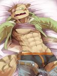  &#29509;&#23376; ?? abs belt blush bulge chest_tuft clothing eye_patch eyewear feline fur green_eyes harusuke hoodie jacket jeans male mammal muscles open_shirt pants pants_down pecs shirt solo tiger topless tuft underwear undressing 