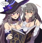  +_+ 2girls :d absurdres bare_shoulders black_choker black_hat blue_flower blush book bra_strap breasts choker cleavage commentary detached_sleeves flower grey_hair hat hat_flower herta_(honkai:_star_rail) herta_(unknowable_domain)_(honkai:_star_rail) highres hinghoi holding holding_book honkai:_star_rail honkai_(series) large_breasts long_hair long_sleeves meme multiple_girls off-shoulder_sweater off_shoulder open_mouth purple_eyes simple_background smile speech_bubble stelle_(honkai:_star_rail) sweater trailblazer_(honkai:_star_rail) uohhhhhhhhh!_(meme) very_long_hair white_background white_sweater witch_hat yellow_eyes 