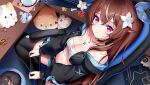  1girl animal_ears bare_shoulders black_choker black_jacket black_skirt black_thighhighs breasts brown_hair chair choker cleavage clothing_cutout crop_top cropped_jacket flower from_above gaming_chair hair_flower hair_ornament hair_ribbon holding indian_style indie_virtual_youtuber jacket jewelry lilya_kyomi_(fiwivt) long_hair long_sleeves looking_at_viewer looking_up medium_breasts midriff miniskirt multicolored_hair navel necklace off_shoulder open_clothes open_jacket parted_lips puffy_long_sleeves puffy_sleeves red_eyes ribbon rimuu shirt sitting skirt solo stomach streaked_hair swivel_chair thighhighs thighs underboob_cutout very_long_hair virtual_youtuber white_shirt 