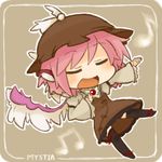  bad_id bad_pixiv_id black_legwear blush brooch chibi closed_eyes dress feathers frilled_dress frills hand_on_own_chest hat jewelry katsudansou music musical_note mystia_lorelei open_mouth outstretched_arm outstretched_hand pink_hair ribbon short_hair singing solo thighhighs touhou wings 