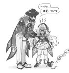  1boy 1girl android angry beret chain coat detached_sleeves doll_joints dress flower frilled_dress frills full_body gloves greyscale hair_flower hair_ornament hat herta_(honkai:_star_rail) highres honkai:_star_rail honkai_(series) joints krakrignmr lock long_sleeves looking_at_viewer monochrome monocle pants screwllum_(honkai:_star_rail) shaded_face shoes tapping_foot 