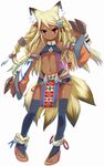  absurdres animal_ears artist_request braid breasts dark_skin detached_sleeves fox_ears fox_tail hair_ornament highres maharito multiple_braids multiple_tails navel official_art red_eyes simple_background small_breasts smile solo soul_master standing tail toeless_legwear toes tribal underboob 