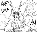  2012 bb_(baalbuddy) breasts cleavage dragon_girl dragon_tail greyscale happy_new_year horns large_breasts monochrome monster_girl new_year original sash solo tail 