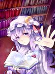  bad_id bad_pixiv_id book bow crescent dress hair_bow hat holding holding_book meronpanna_(mikoniito) open_book patchouli_knowledge purple_eyes purple_hair solo touhou 