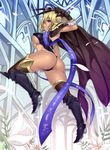  ass black_legwear blonde_hair breasts cape church flower fur_collar fur_trim gloves greaves horn houtengeki large_breasts leaf light_smile original patterned pauldrons petals plant purple_eyes short_hair solo thighhighs tight underboob window 