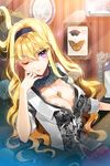  armchair bangs blonde_hair breasts bug butterfly chair cherrypin chin_rest cleavage eyelashes flower framed_insect frills hairband insect jewelry large_breasts linia_pacifica long_hair lowres mirror moth necklace one_eye_closed pendant picture_frame purple_eyes sitting solo sword_girls wavy_hair 