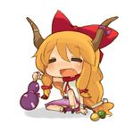  bad_id bad_pixiv_id blush bow chibi closed_eyes fang gourd hair_between_eyes hair_ribbon horns ibuki_suika katsudansou long_hair low-tied_long_hair oni open_mouth purple_skirt ribbon scarf shirt sidelocks sitting skirt sleeveless sleeveless_shirt solo touhou upskirt 