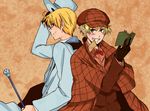  america_(hetalia) axis_powers_hetalia back-to-back blonde_hair book bow bowtie cape colorized cosplay deerstalker gloves green_hair grin hat hoshi_sakuna looking_back multiple_boys sherlock_holmes sherlock_holmes_(cosplay) short_hair smile the_adventures_of_sherlock_holmes top_hat united_kingdom_(hetalia) 